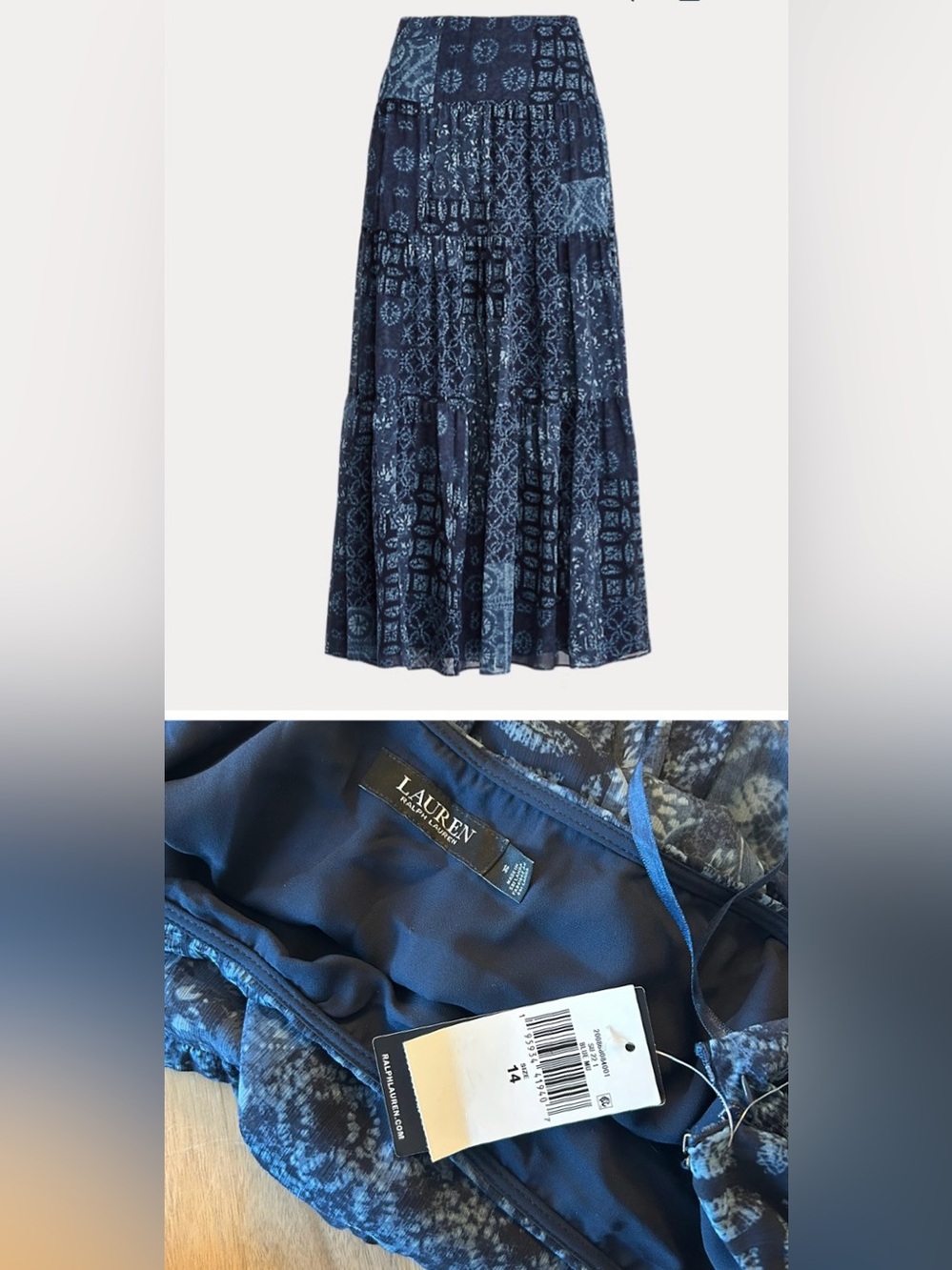Lauren Ralph Blue Geo Print Crinkle Georgette Skirt Tiered Maxi Boho NWT New 14
